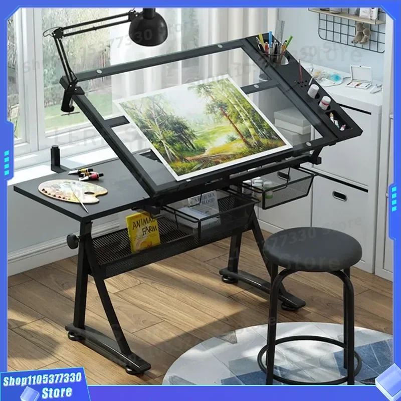 Adjustable Height Drawing Table for Artists Glass Top Painting Desk Ergonomic Workbench for Designers Computer Drafting