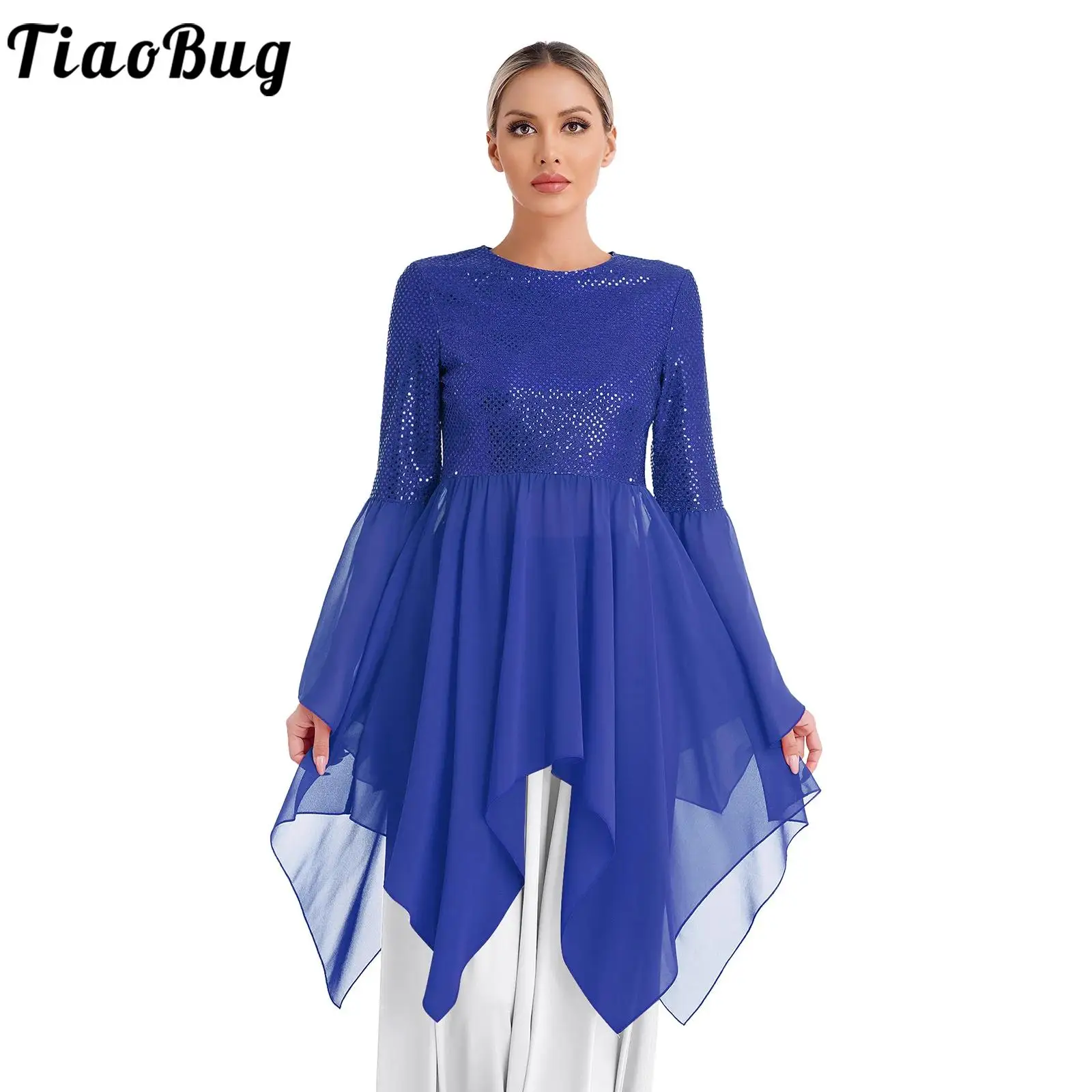 Womens Liturgical Worship Tunic Dance Performance Dresses Shiny Sequins Flared Sleeve Asymmetrical Hem Dress Wide-skirted Dress