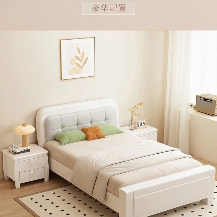 سرير بسيط من الخشب الصلب 1 م 1.2 متر، سرير صغير فردي أبيض كريمي للرياح شقة صغيرة بسيطة للأطفال سرير ناعم مستلق ثاني #2