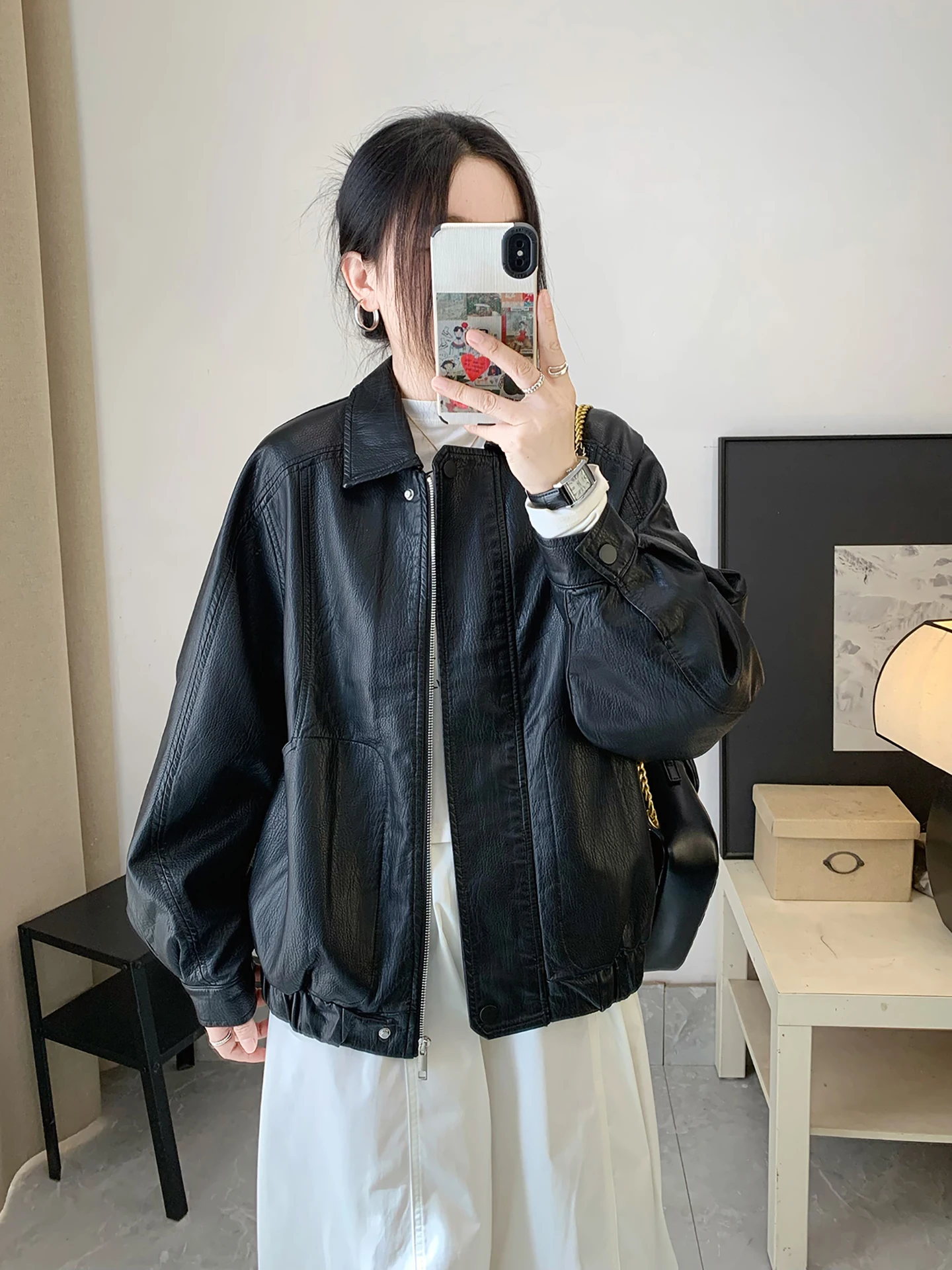 

Casual Black PU Leather Jacket Women's Zipper Coat Spring New Style Small Size Loose Fit Fashionable Silver Home Brand