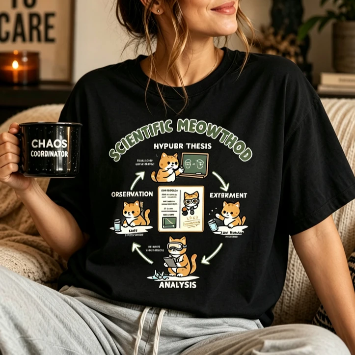 Funny Scientific Meowthod Cat Graphic T Shirt Science Teacher Gift Kitten Experiment Print Casual Short Sleeve Cotton Tee Tops