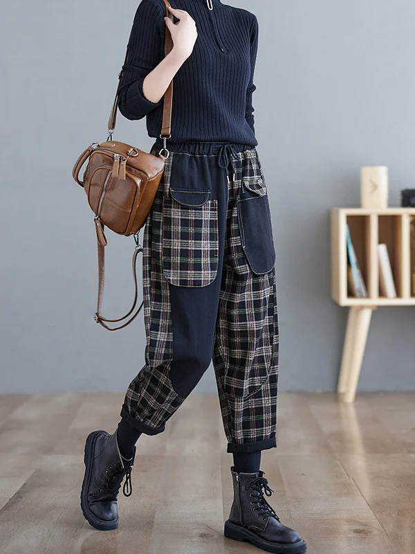 الرجعية المرقعة الدنيم سراويل تقليدية المرأة عالية الخصر مرونة الخصر منقوشة هارلان السراويل الطويلة الخريف جديد Sle ارتداء مقاومة