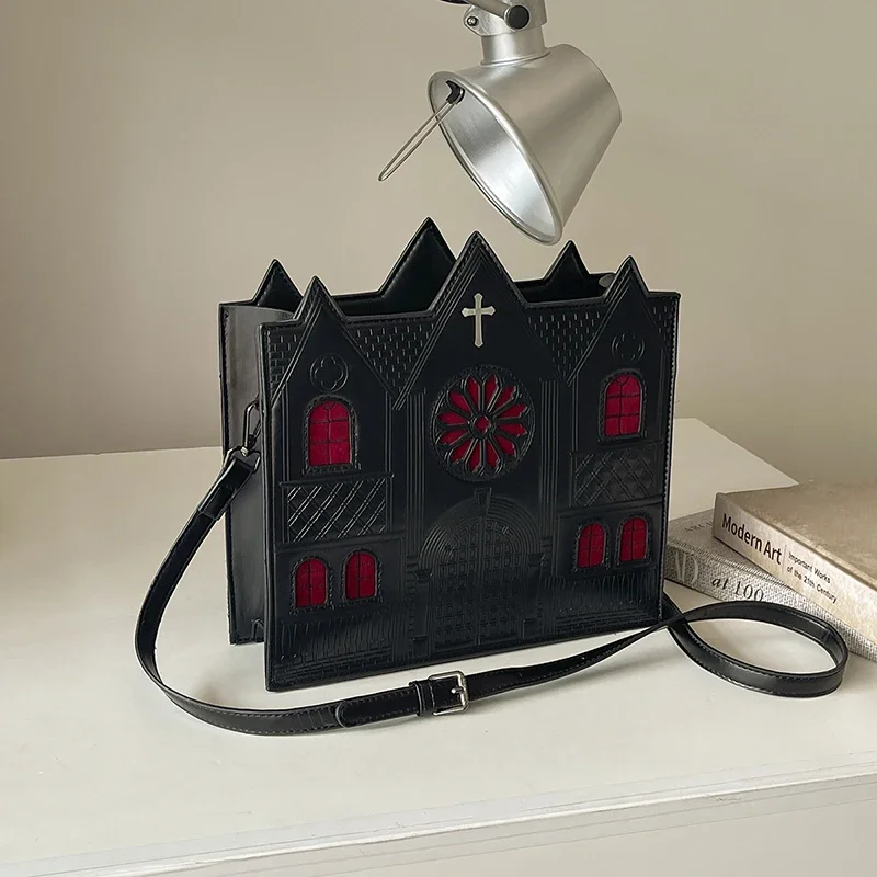Novelty Gothic Church Crossbody Bag, 3D Castle PU Handbag, Punk Lolita Shoulder Bag with Color Window for Halloween