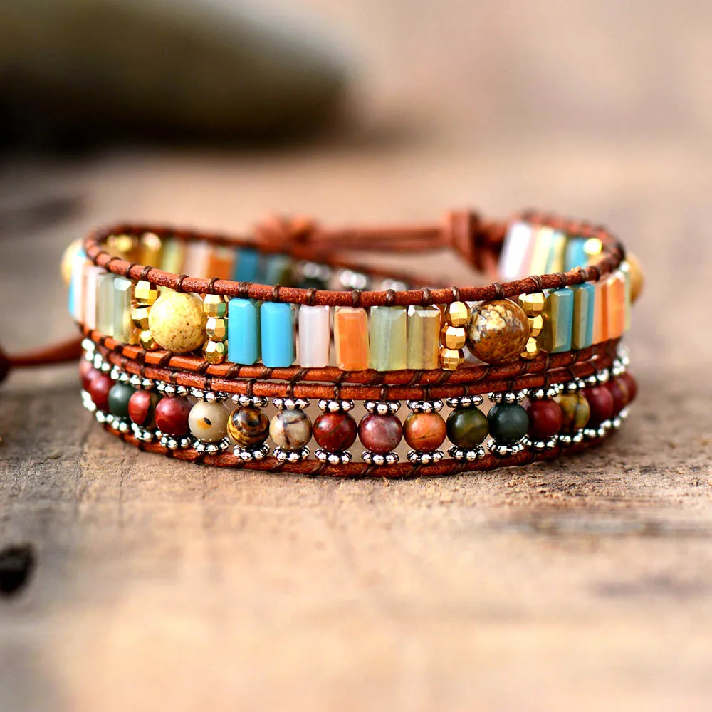 New Leather Bracelets Natural Stones Crystal 2 Strands Wrap Bracelets Handmade Vintage Woven Boho Bracelet Dropshipping