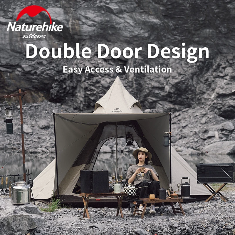 Tienda piramidal Hexagonal Naturehike con falda para la nieve, Camping impermeable para 3-4 personas, viaje, tienda tipi de torre de lona 150D de 4 estaciones