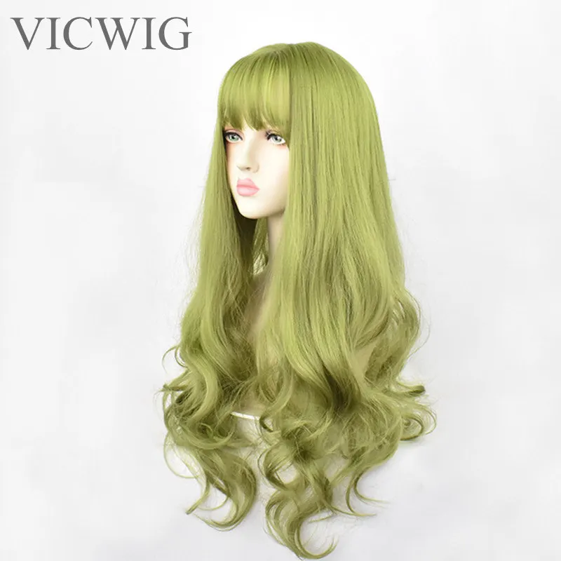 Synthetic Green Black Hair Curly Big Wave Cosplay Wigs With Bangs for Women African American Heat Resistant Fiber Hair