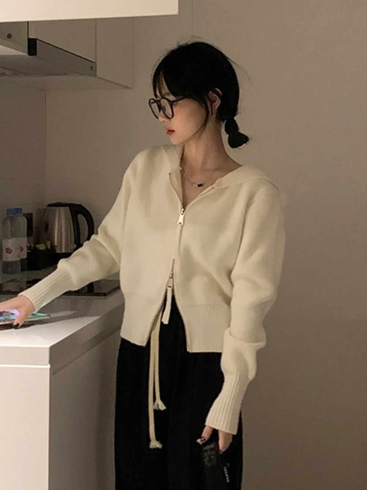 

Korean Chic Autumn Sle Hooded Knitwear Jaet Double Zipper ort Outerwear Design Women's Faion Commute Pure Color