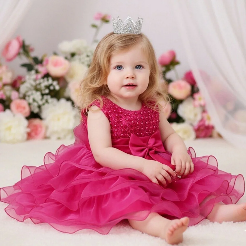 First Birthday Dress - Princess Dress, Cake-like Puff skirt; 2026 New Baby Girl Birthday Banquet Infant Princess Wedding Dress