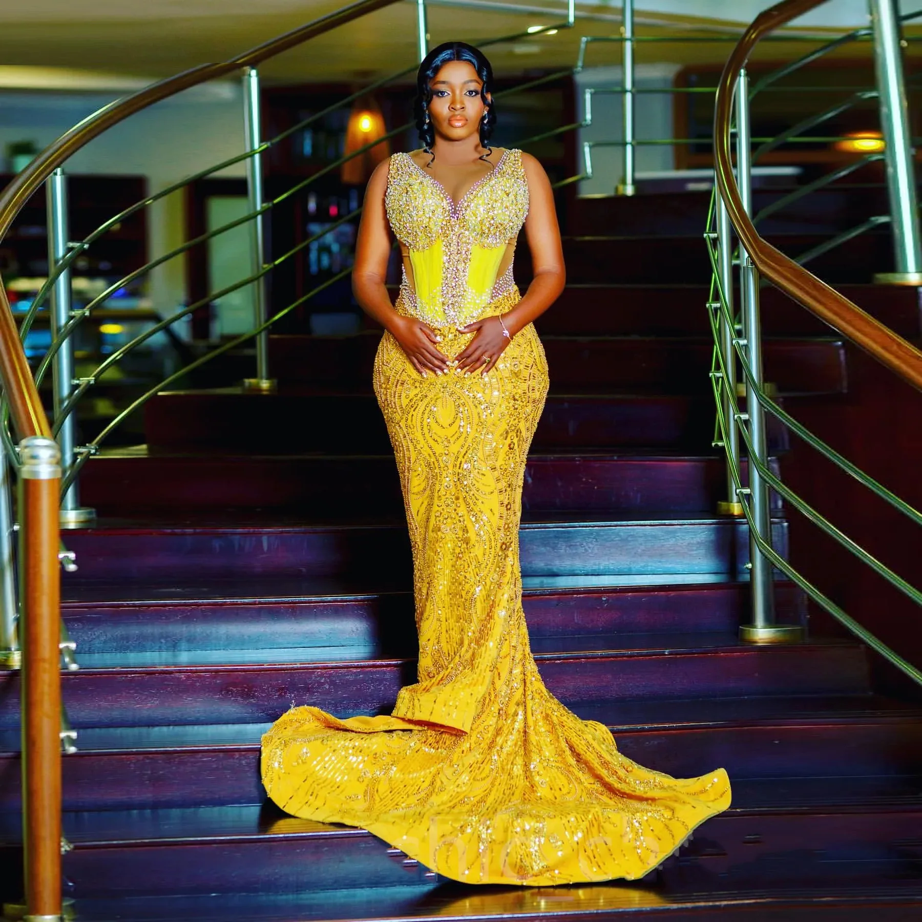 

Вечернее вечернее платье с бисером для особых случаев Aso Ebi, желтое платье русалки для выпускного вечера с блестками, без рукавов, длинное платье для выпускного вечера на заказ