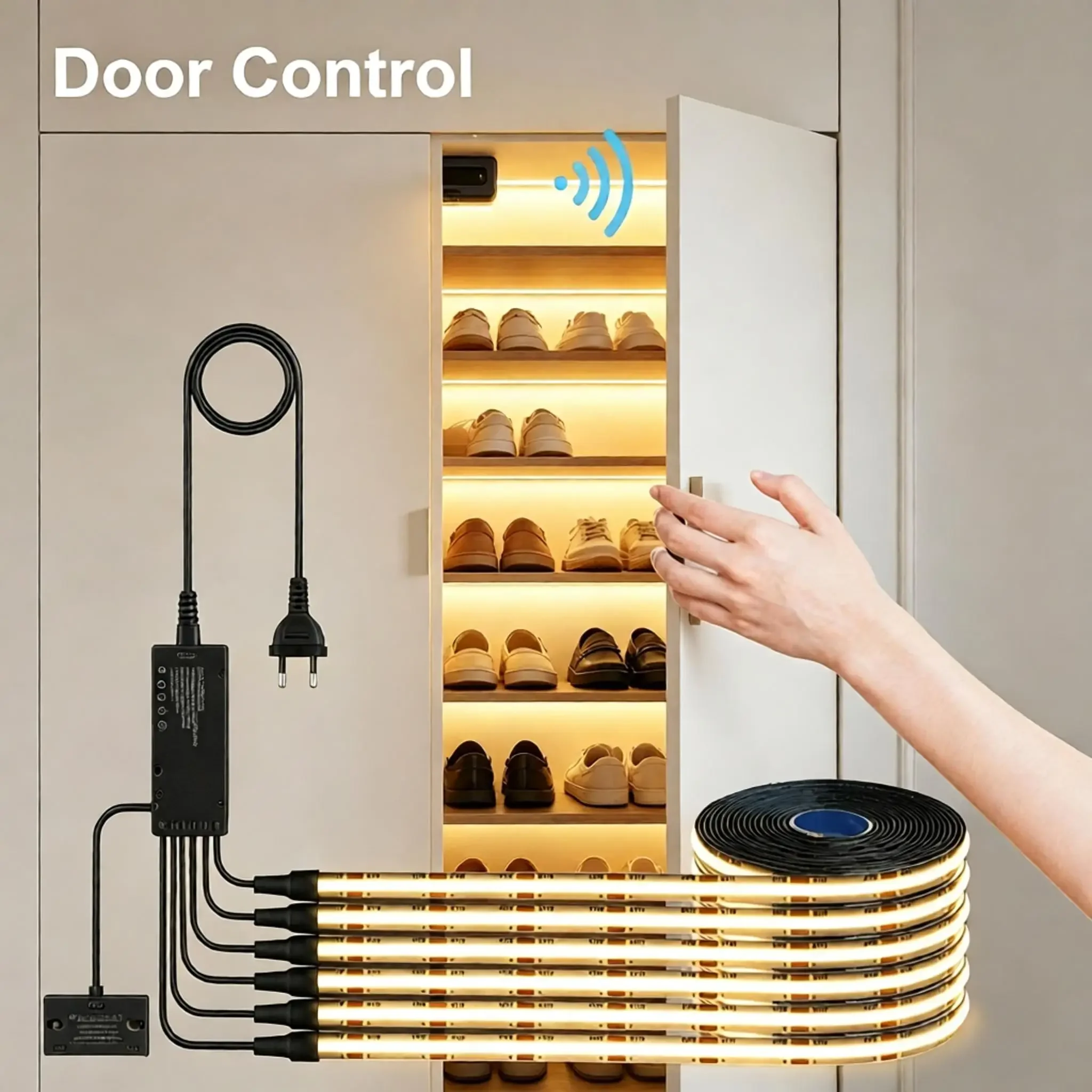 1-10 Channels Cabinet Black PCB Board COB LED Light Kit With Smart Dual Door Sensor Switch For Cabinet Closet Shelf Background