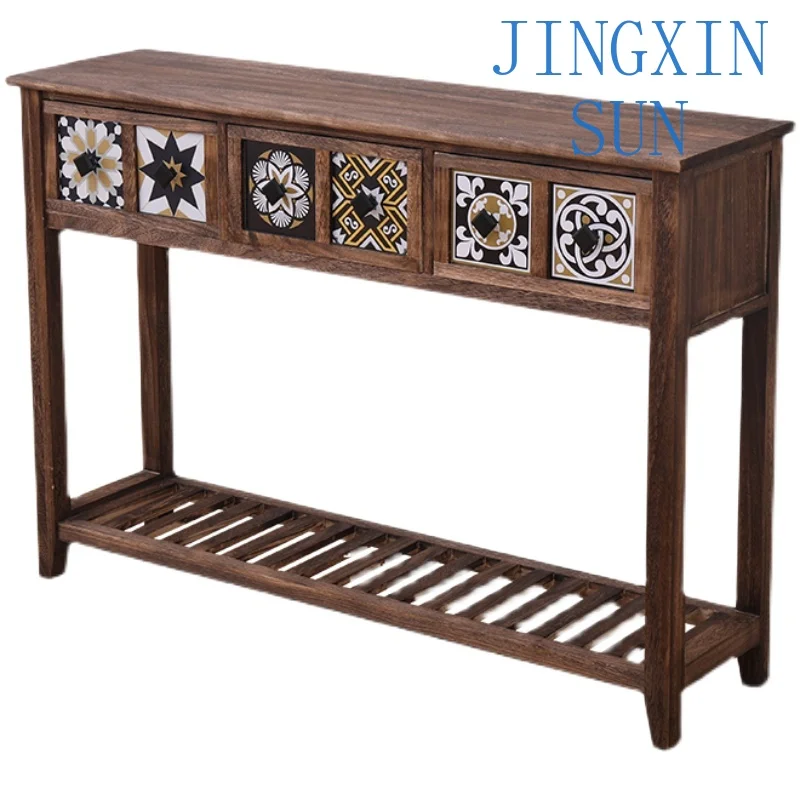 American style retro solid wood flower rack storage rack, balcony flower rack, living room, floor standing long strip table