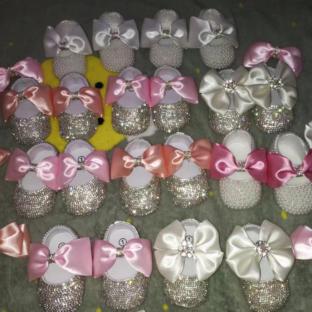 Handmade Bow Luxury Rhinestones Baby Girl Shoes Hairband First Walker Sparkle Bling Crystals Princess Shoes Shower Gift