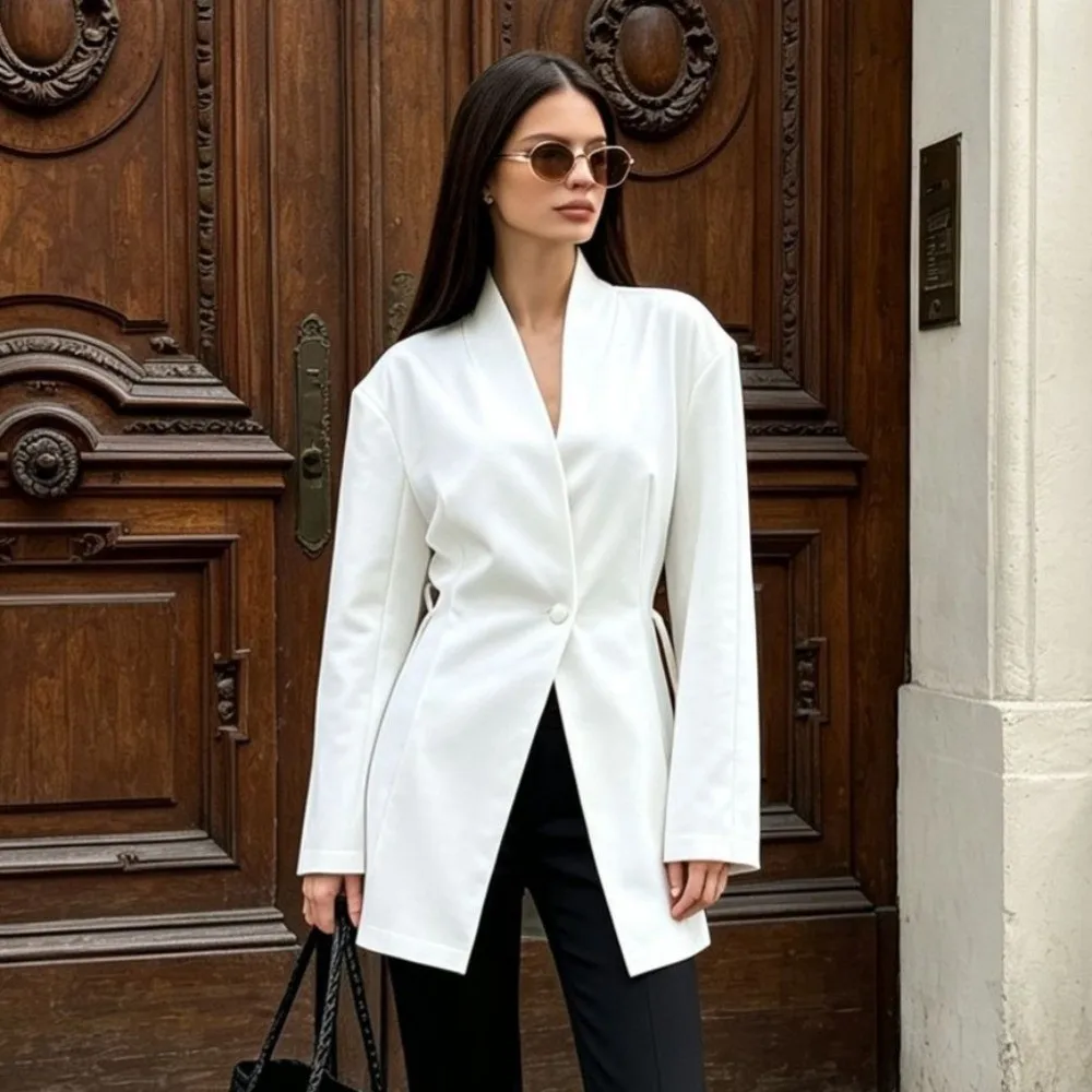 White Women V Neck Blazer Mid Length Waist Tie Mid‑Length Blazer Single Button V Neck Women Formal Coat Daily Street Wear