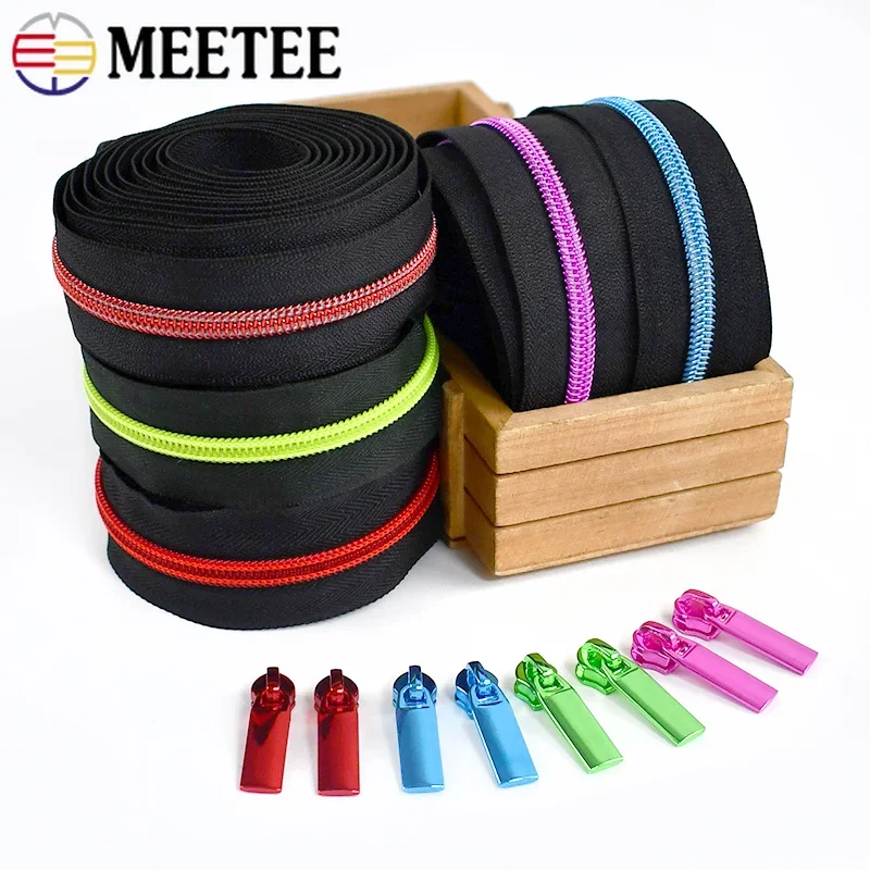 1-5Meters 5# Zippers Tape for Sewing + Zipper Slider Pulls Bag Purse Plastic Nylon Zips Heads Repair Kit DIY Clothes Accessories