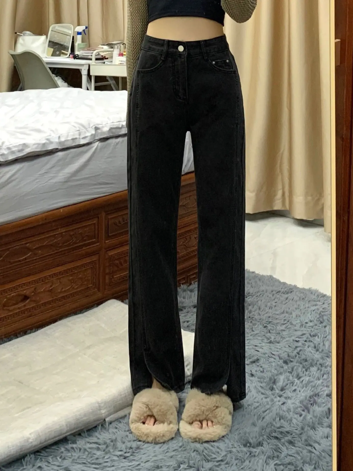 High Waist Straight Leg Jeans Women's Spring Autumn plus Size Loose Fitting Slimming Wide Leg High Waist Slit Pants