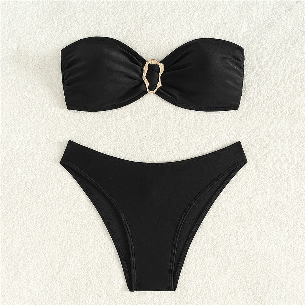 Black Bandeau Bikinis Sets Micro Thong Metal Ring Sexy Swimsuit Women 2025 New Back Knotted Swimwear Bathing Suit Bikini Damen