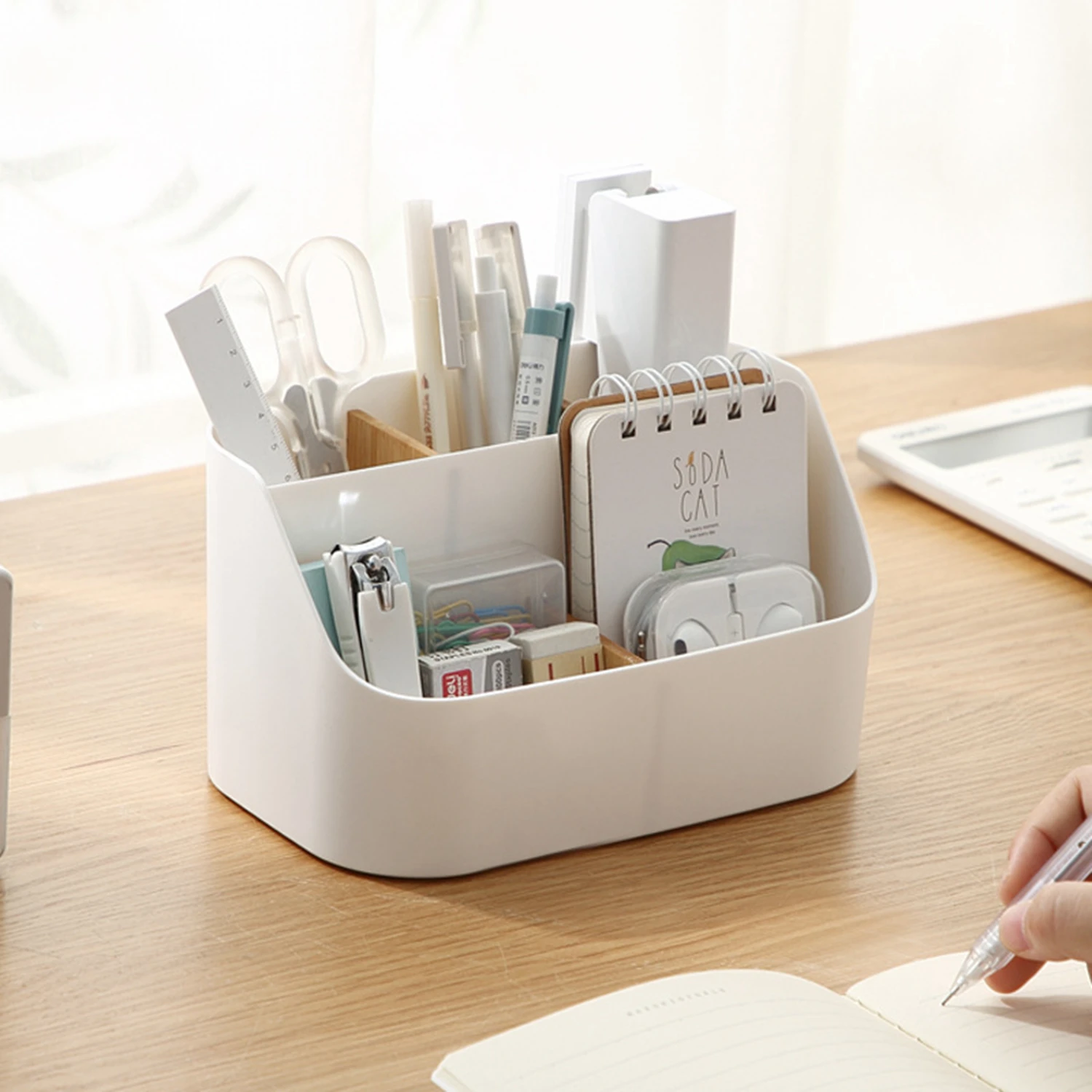 

Versatile White Desk Organizer - 3-Compartment Storage Box for Pens, Pencils & Accessories | Ideal for Home Office, Vanity Table