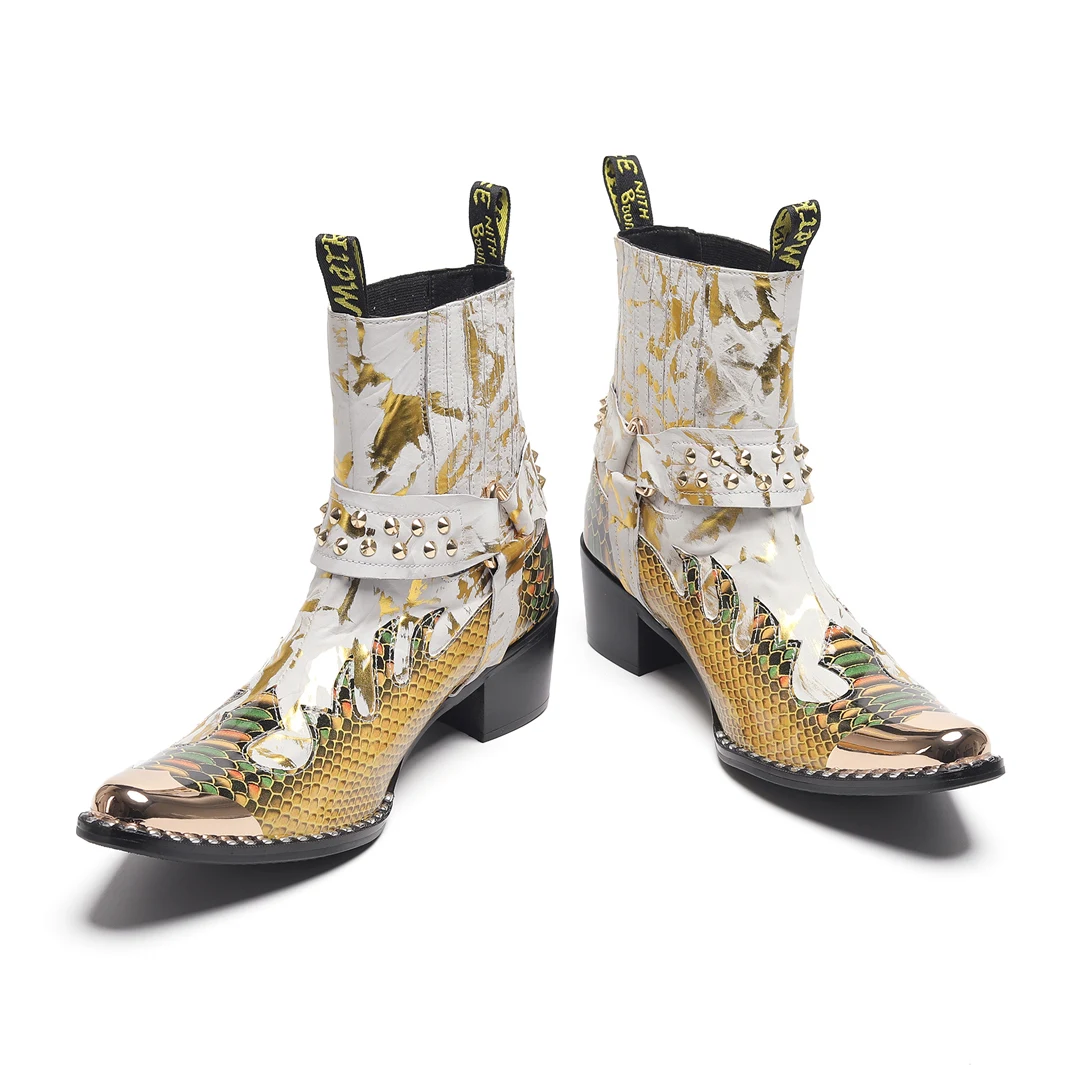 Herren-Designer-Stiefeletten aus echtem Leder mit Metallspitze, Nieten-Dekor und Print, Übergrößen, Cowboy-Motorrad-Schuhe für Business – Detail 9