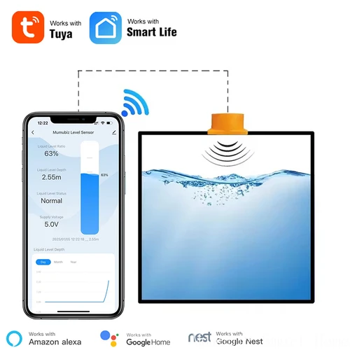 Tuya WiFi inteligente nivel de líquido ultrasónico agua Monitor de tanque en tiempo Real Sensor aplicación Monitor inalámbrico notificación de alarma de nivel de agua