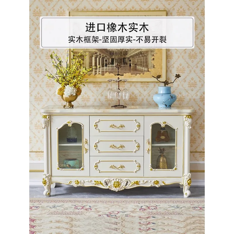 European-style all-solid wood dining side cabinet, white marble kitchen, tea cabinet against the wall, hand-carved glass door, l