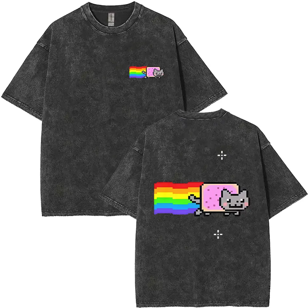 

Washed‌ Vintage Game Rainbow Nyan Cat Funny Meme T-shirt Men Women Casual Humor Oversized T-shirts Cute Kawaii Cosplay T Shirts
