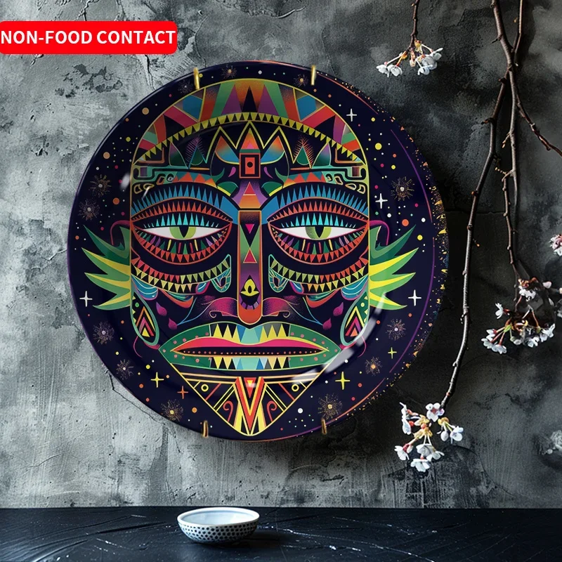 2D Flat, 1pc Modern Bohemian African Tribal Face Wall Plate - Hand-Painted-Look Ceramic Decorative Plate with Female Face Art,