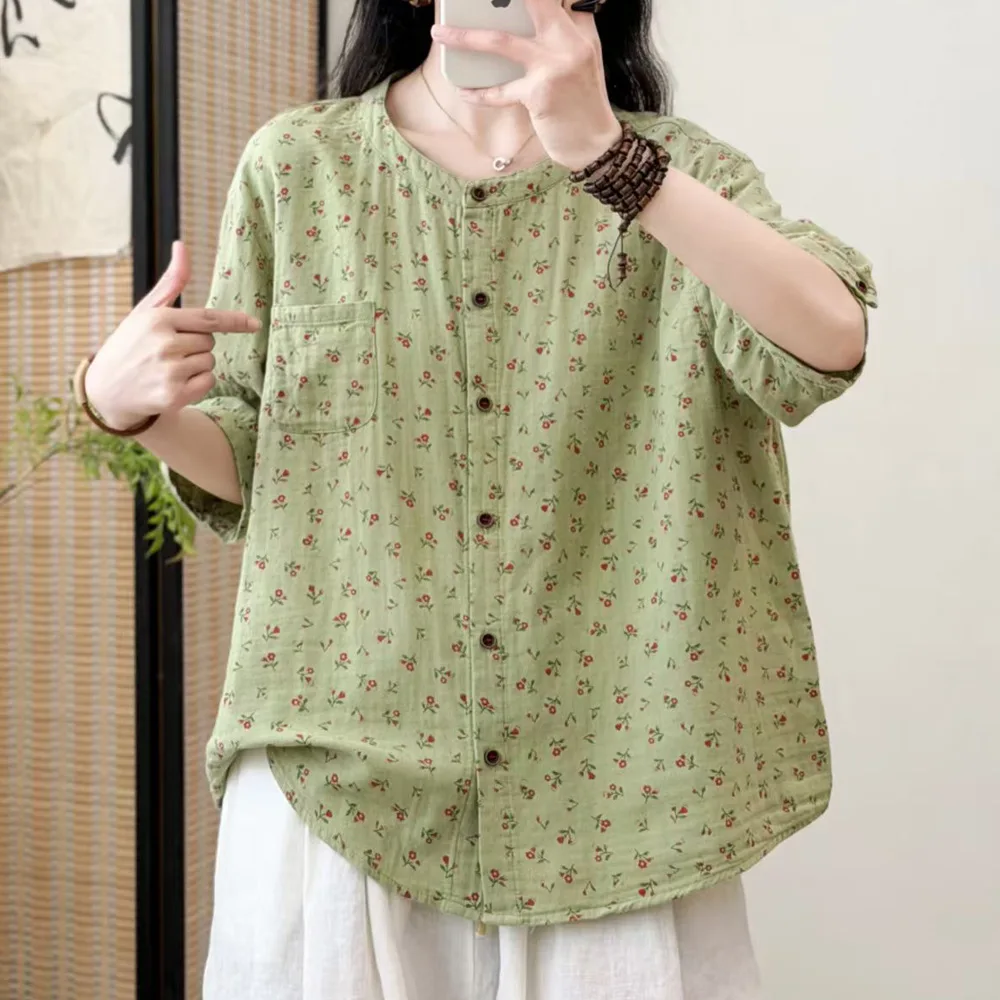 

Women Summer New Vintage Mori Girl Floral Printed Cotton Shirts Retro Stand Collar Half Sleeve Casual Loose Blosue Tops