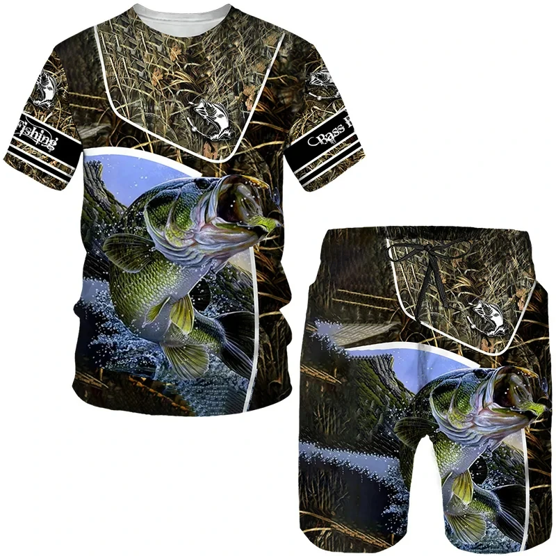 2025 Summer New Retro 3D Printed Round Neck T-shirt Fashion Loose Sports Shirt Outdoor Fishing 2-piece Set for Men