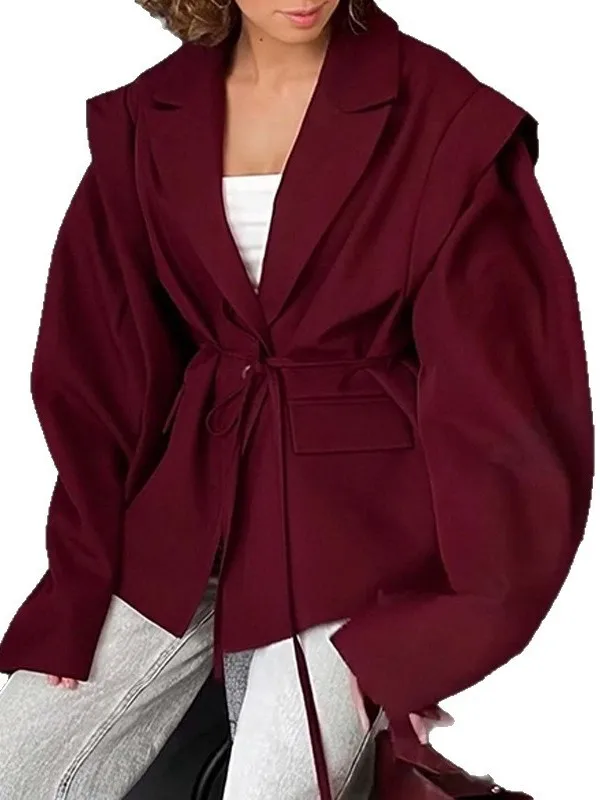 엘리 V넥 턱시도 자켓 여성 패션 봄 신상 어깨 패드 벨트형 통근 코트 롱 슬리브 폴리에스터 섬유
