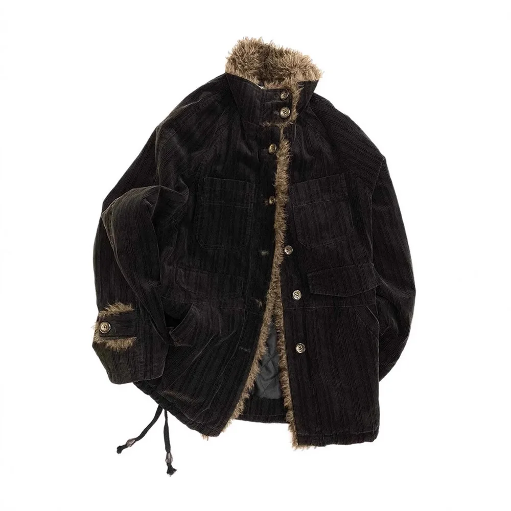 

women Cotton Coat 2025 Autumn Winter New Retro Coat Coffee Faux Fur Patchwork Stand Collar Loose Slim Fit Stylish Outerwear