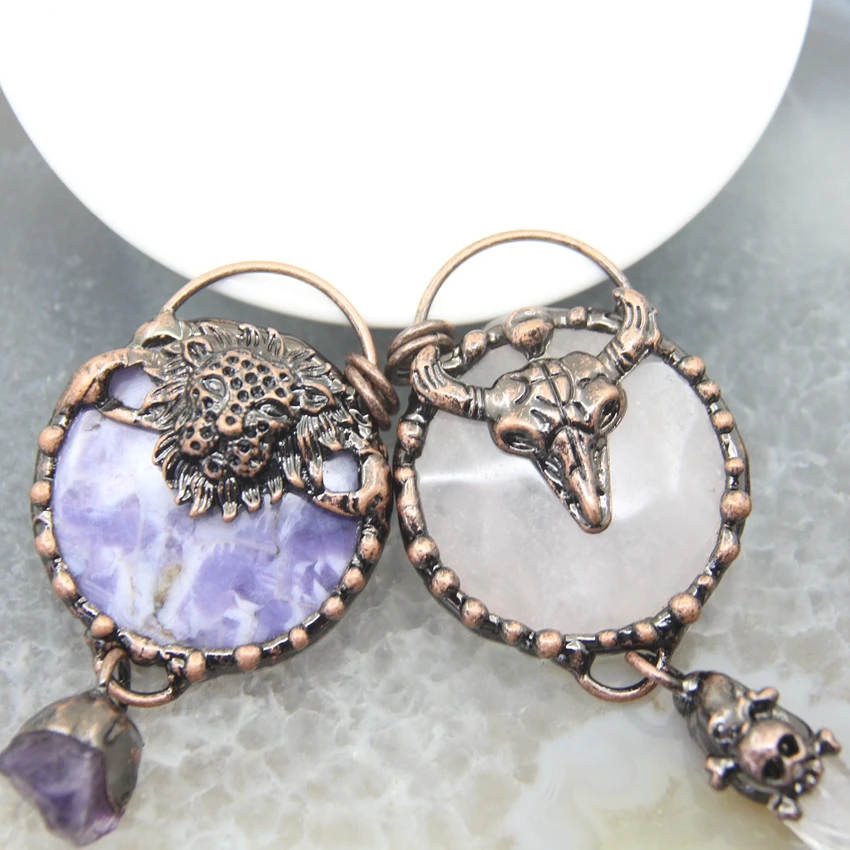 Soldered Bronze Totem Guard Hoop Pendants,Antique Copper Dragon/Lion/Goat Amethysts Charms Vintage Crystal Necklace DIY Jewelry