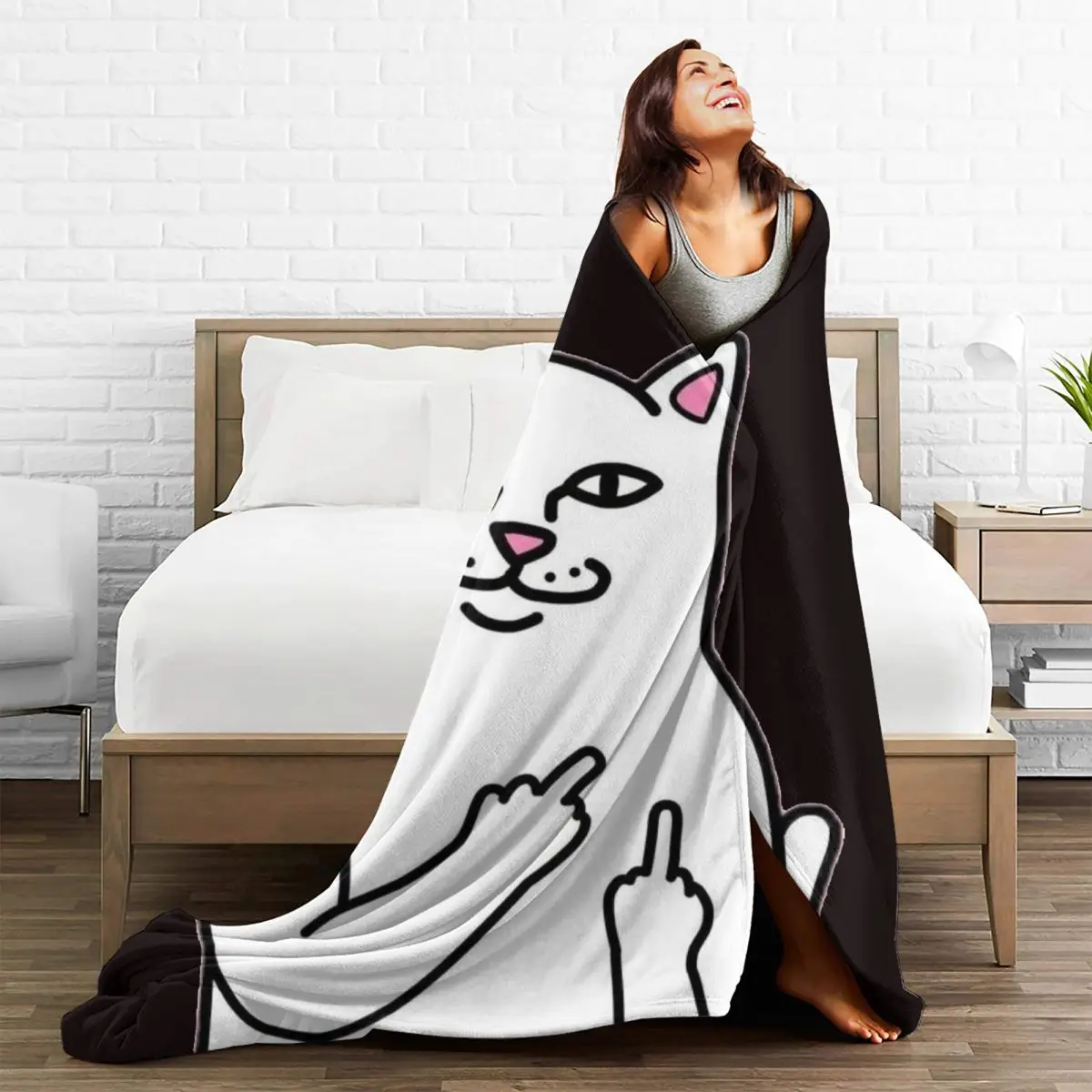 Cartoon Cat Flannel Blankets Middle Finger Super Warm Throw Blanket for Couch Chair Travelling Printed Bedspread Sofa Bed Cover