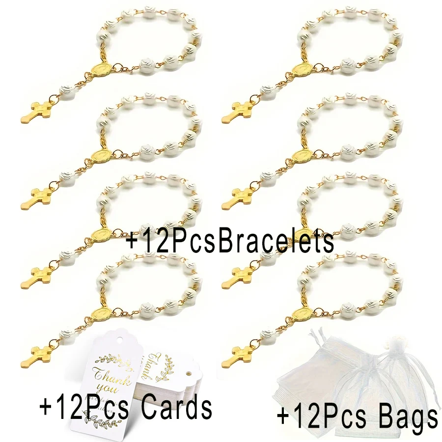 36 stks/12 sets Rose rozenkrans armband, voor doopbedankjes, eerste communie gunsten, bevestigingsgeschenken, Pasen, religieuze souvenir