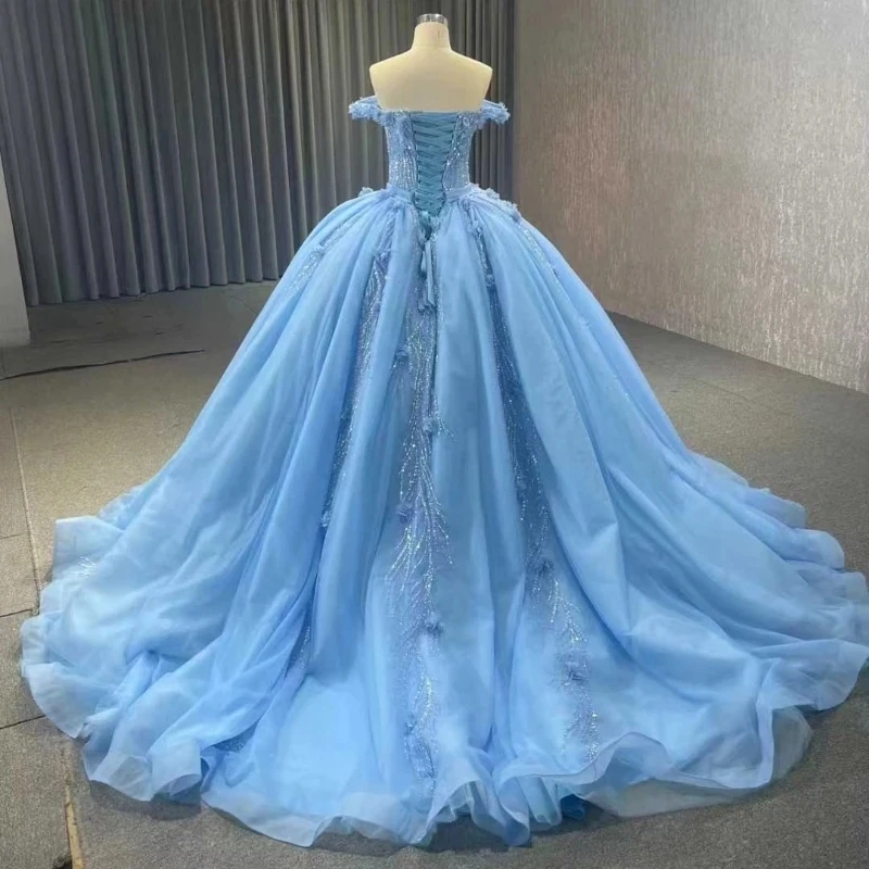 Vestido azul cielo De princesa para quinceañera, vestido De baile De encaje con cuentas De flores, dulce 16, 15 Años, 2024