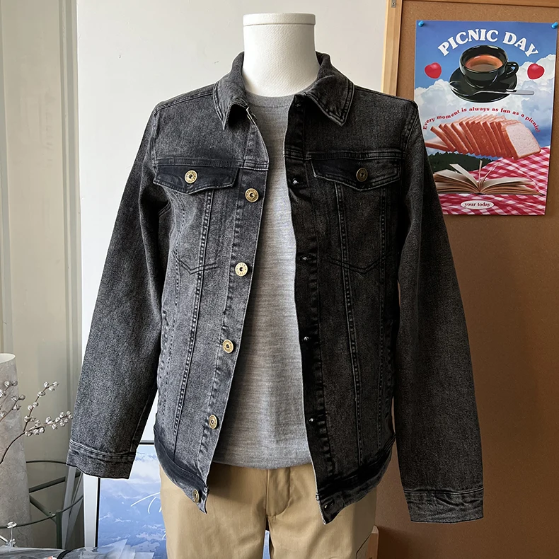 

High-Ounce Waed Vintage American Casual Denim Jaet for Men North Wild Sle Long Sve Flip Collar Autumn Faion