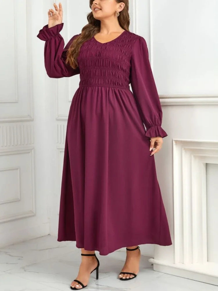 Elegant Dresses for Women V Neck Long Lantern Sleeves Empire A Line Simple Celebrate Homecoming Event Autumn Plus Size Vestidos