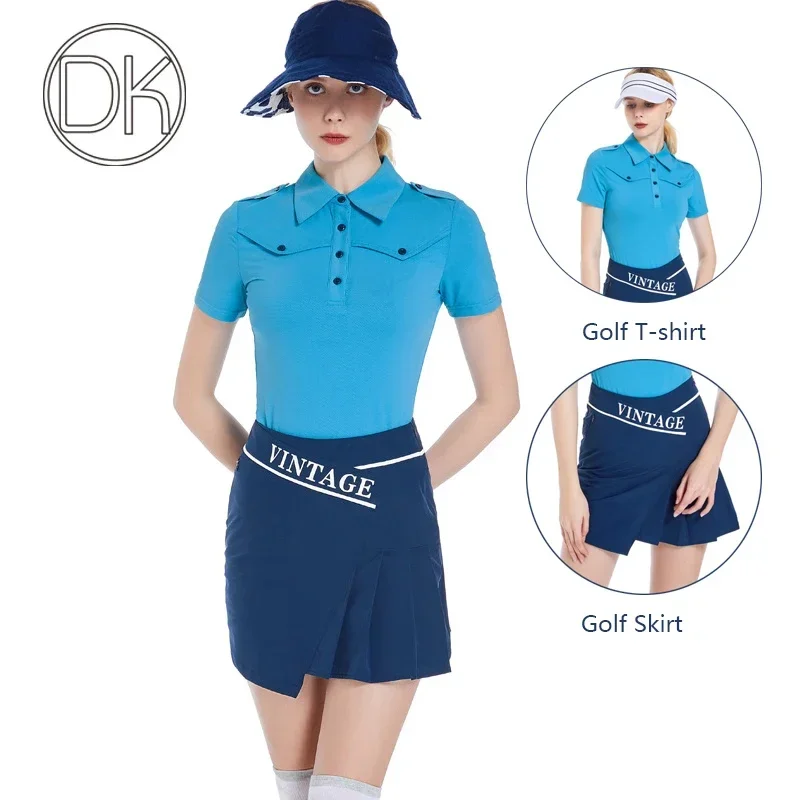 DK Women Short Sleeve Polo Shirt Quick Dry Sport T-shirt Women Pleated Slim Golf Skirt  Anti-light Quick-Dry Pencil Skort Suit