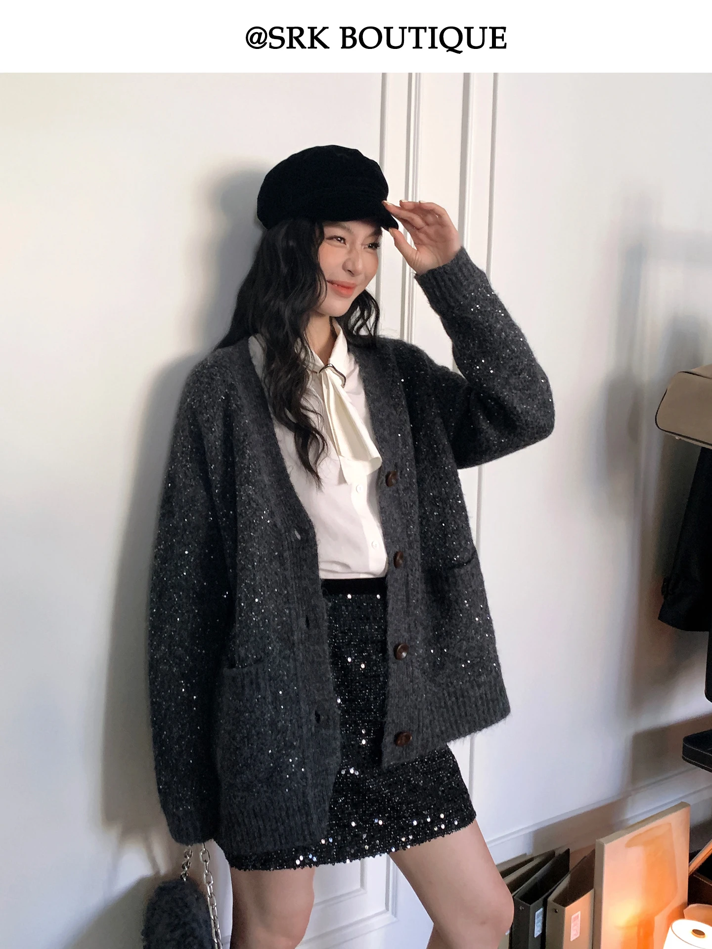 

SRK Retro Faionable Sweater Sequin V-ne Design Casual Lazy Sle Open Cardigan Coat Autumn Winter New Arrival Women's Kni...