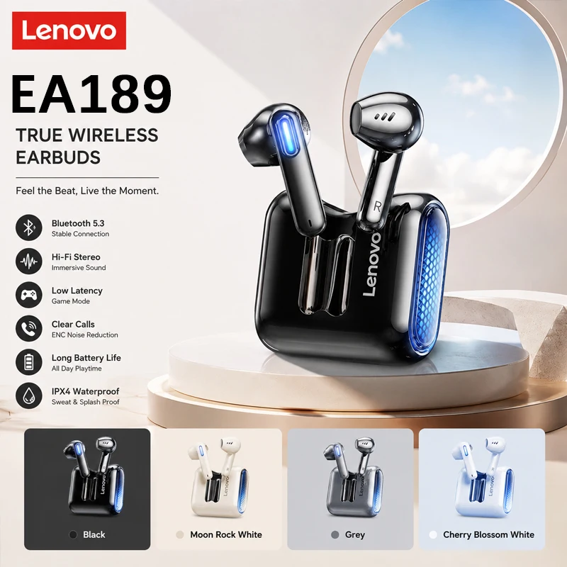 Fones de ouvido sem fio Lenovo EA189 Bluetooth 5.3 TWS com cancelamento de ruído, som estéreo, graves potentes, à prova de suor, para esportes, compatíveis com iPhone e Android.