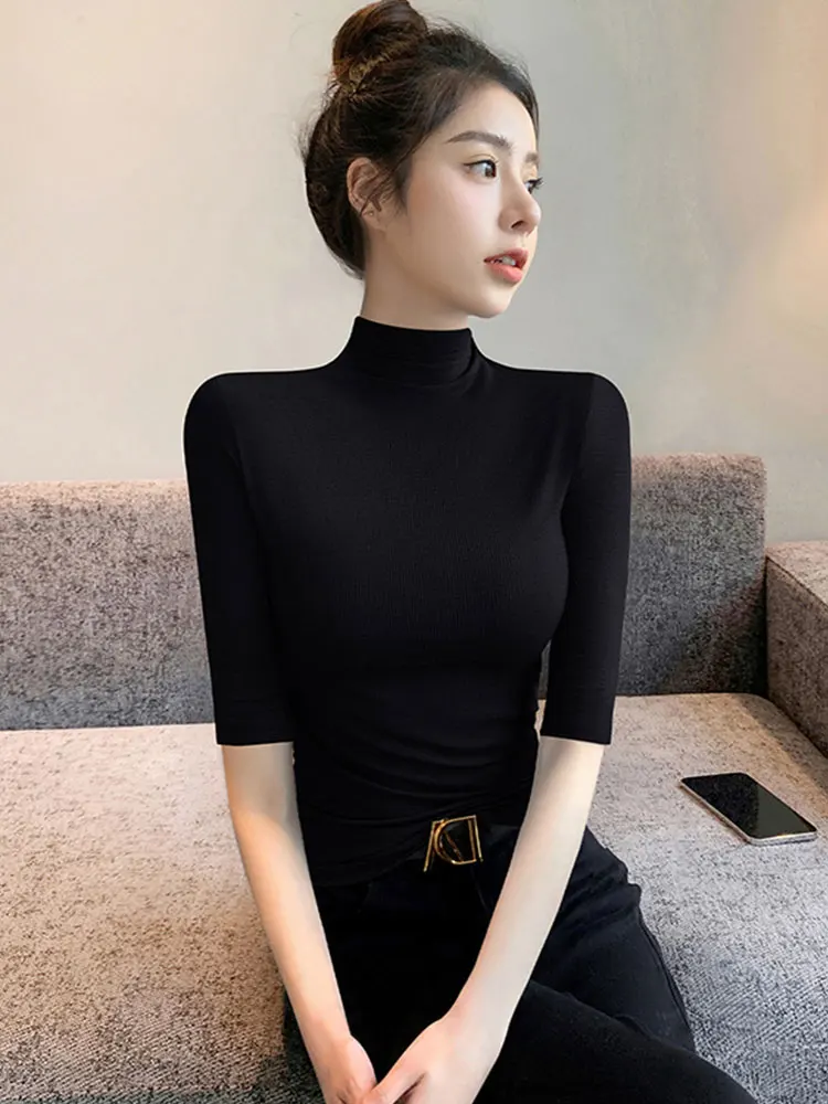 

Slim Fit Color Knitted Base Shirt Casual mid Sleeve Overhead Summer Style Half High Collar Comfortable Knitwear Top