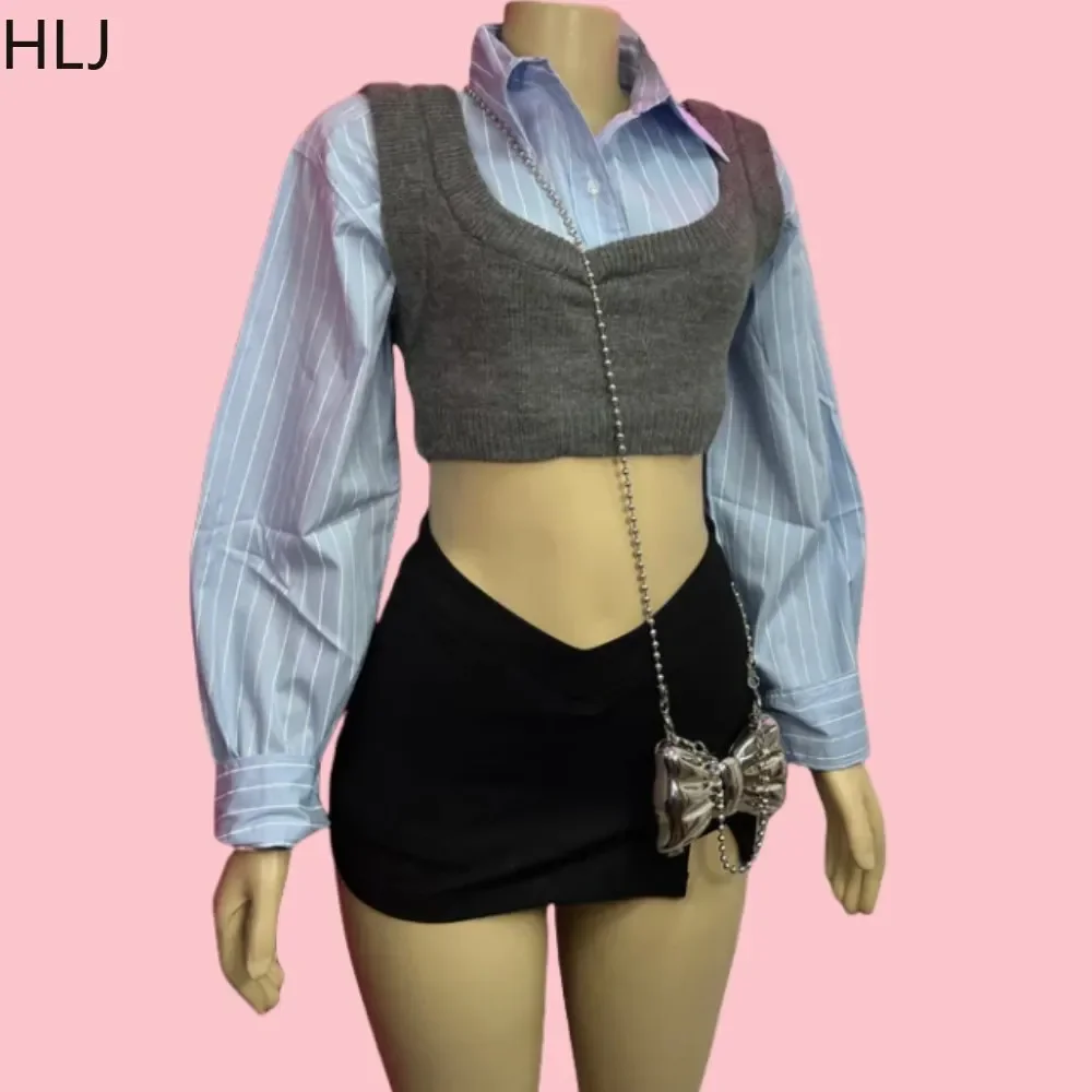 

HLJ&GG Fashion Knit Vest Patchwork Two Piece Sets Women Y2K Lapel Long Sleeve Crop Top+Mini Skirts Outfits Y2K Spring Clothing