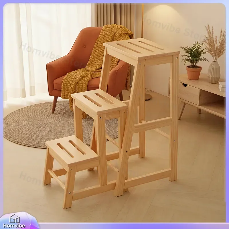 Solid Wood Folding Step Stool 3 Step Ladder Multi Functional Shelf Household Indoor Dual Purpose Ladder Stool Multi Layer