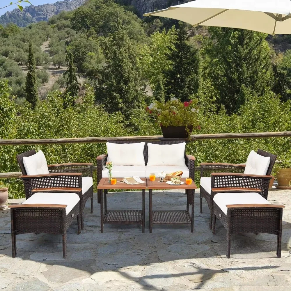 7 Piece Wicker Patio Furniture Set, Acacia Wood Patio Conversation Set with 2 Ottomans and 2 Storage Side Tables w/ Lower Shelf