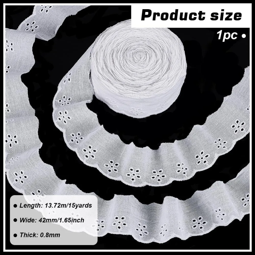 15 Yards Cotton Lace Trim 1-5/8 inch White Cotton Eyelet Lace Ribbon Floral Embroidery Ruffle Lace Trim Wavy Edge Floral Cotton