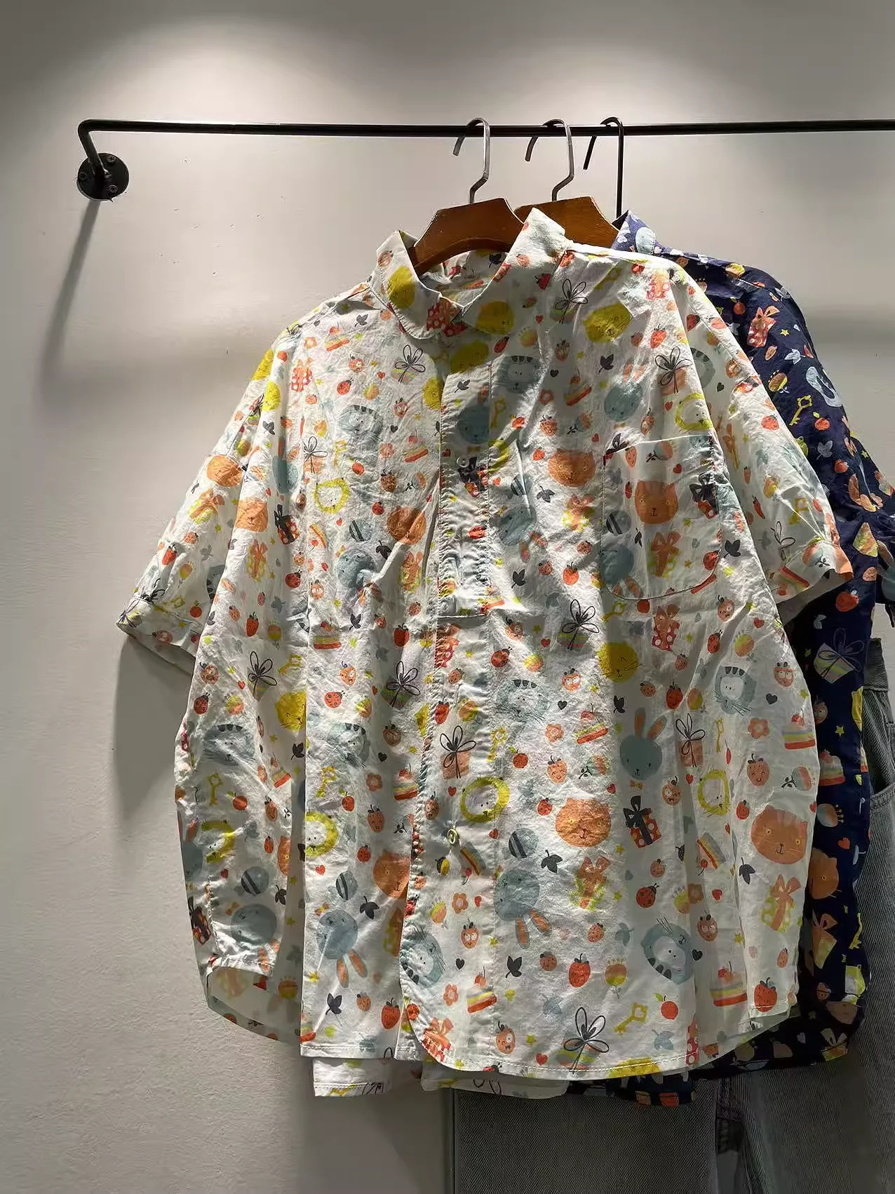 

Bust 130cm Mori Kei Summer Japanese Style Cotton Cartoon Print Shirts and Blouses Large Size Tops Hawaiian shirt