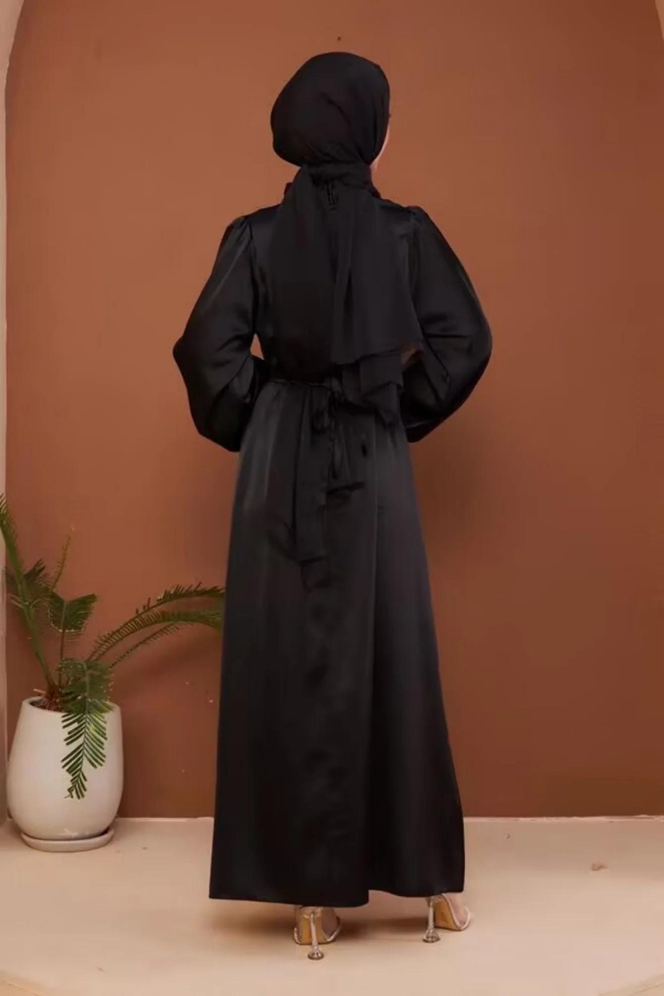 فستان نسائي مسلم بأكمام طويلة مع حزام، أحادي اللون، الشرق الأوسط، ربيع وصيف خريف جديد