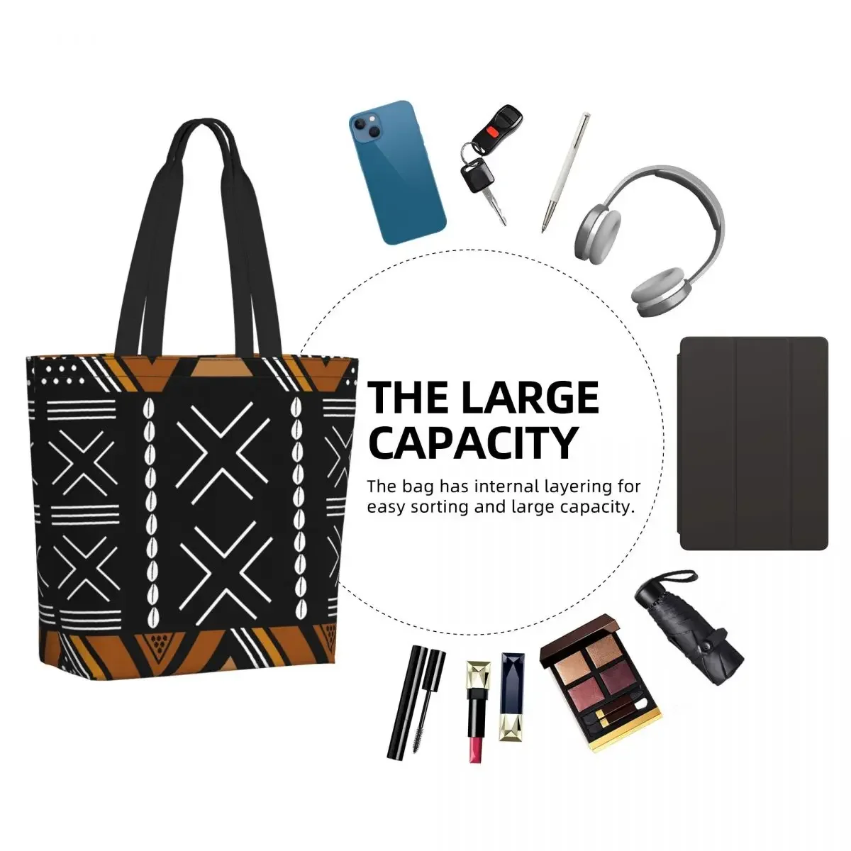 African Mud Cloth Bogolan Design Shopping Bag Shoulder Canvas Tote Bag Durable Tribal Geometric Art Groceries Shopper Bags