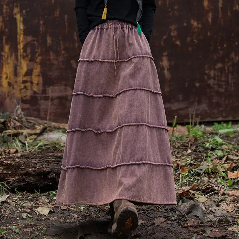 High Waist Cotton Linen Casual Skirt Women New 2024 Winter Vintage Style Solid Color Loose Female Thick Warm A-line Skirts M148