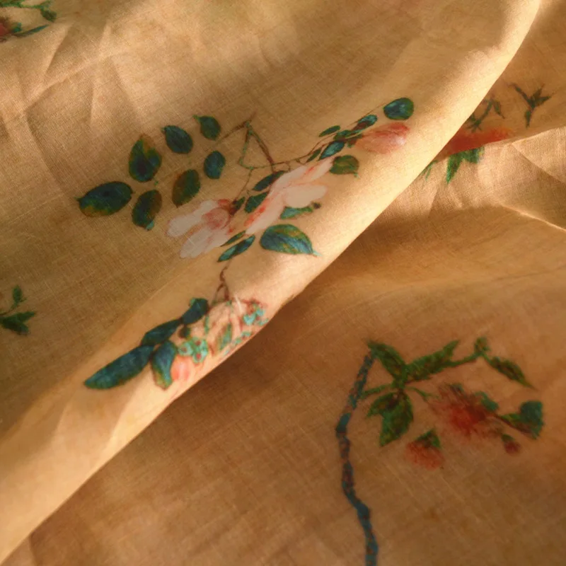 Puur linnen doek Lente en zomer Ramee-stof Plantvezeljurk Cheongsam-kleding Vogelafdrukken