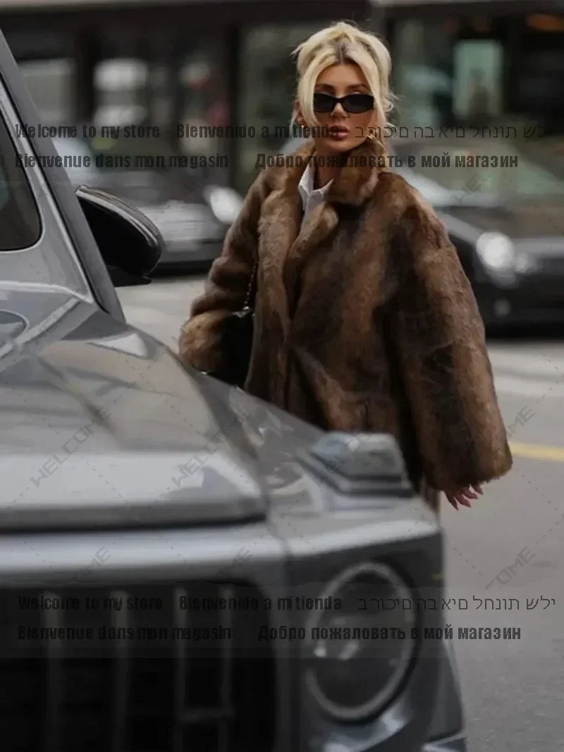 Coat Fluffy Plush Warm New Thicken Outerwear Dark Brown Faux Fur Long Overcoat Single Breasted Fleece Long Trench